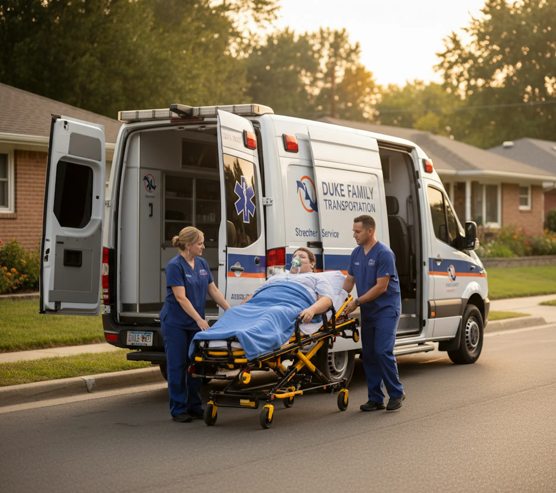 Professional stretcher transport vehicle with hydraulic lift for bed-bound patients